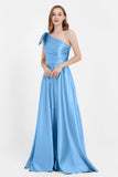 One Shoulder Satin Pleated Bridesmaid Dress Long Bowknot Formal Evening Party Dresses Gowns