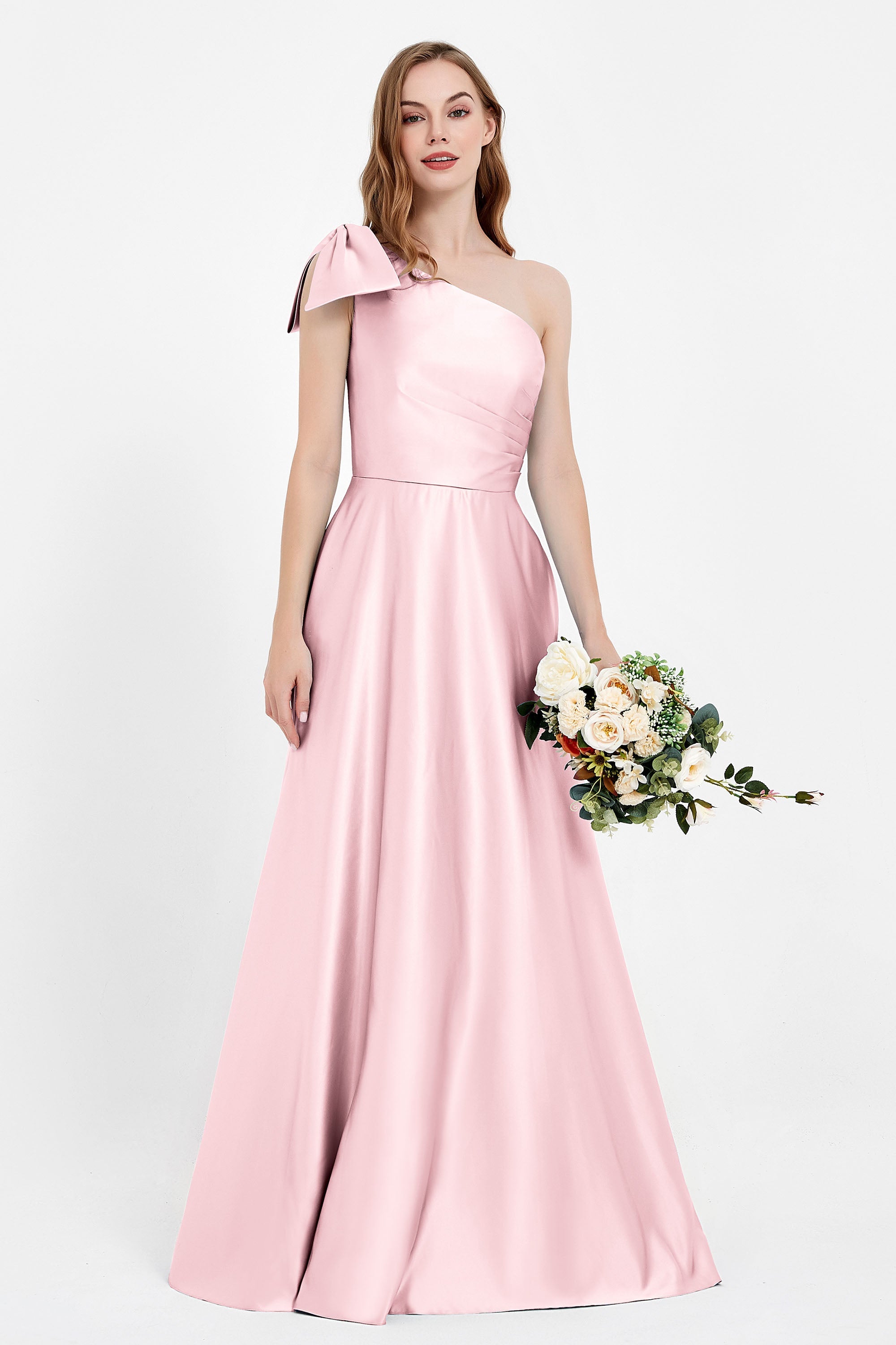 One Shoulder Satin Pleated Bridesmaid Dress Long Bowknot Formal Evening Party Dresses Gowns