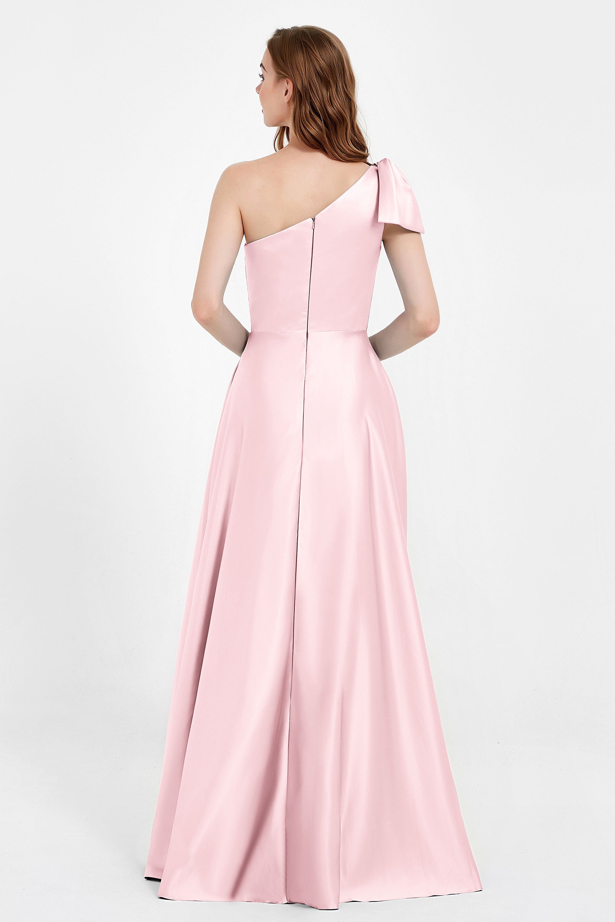 One Shoulder Satin Pleated Bridesmaid Dress Long Bowknot Formal Evening Party Dresses Gowns