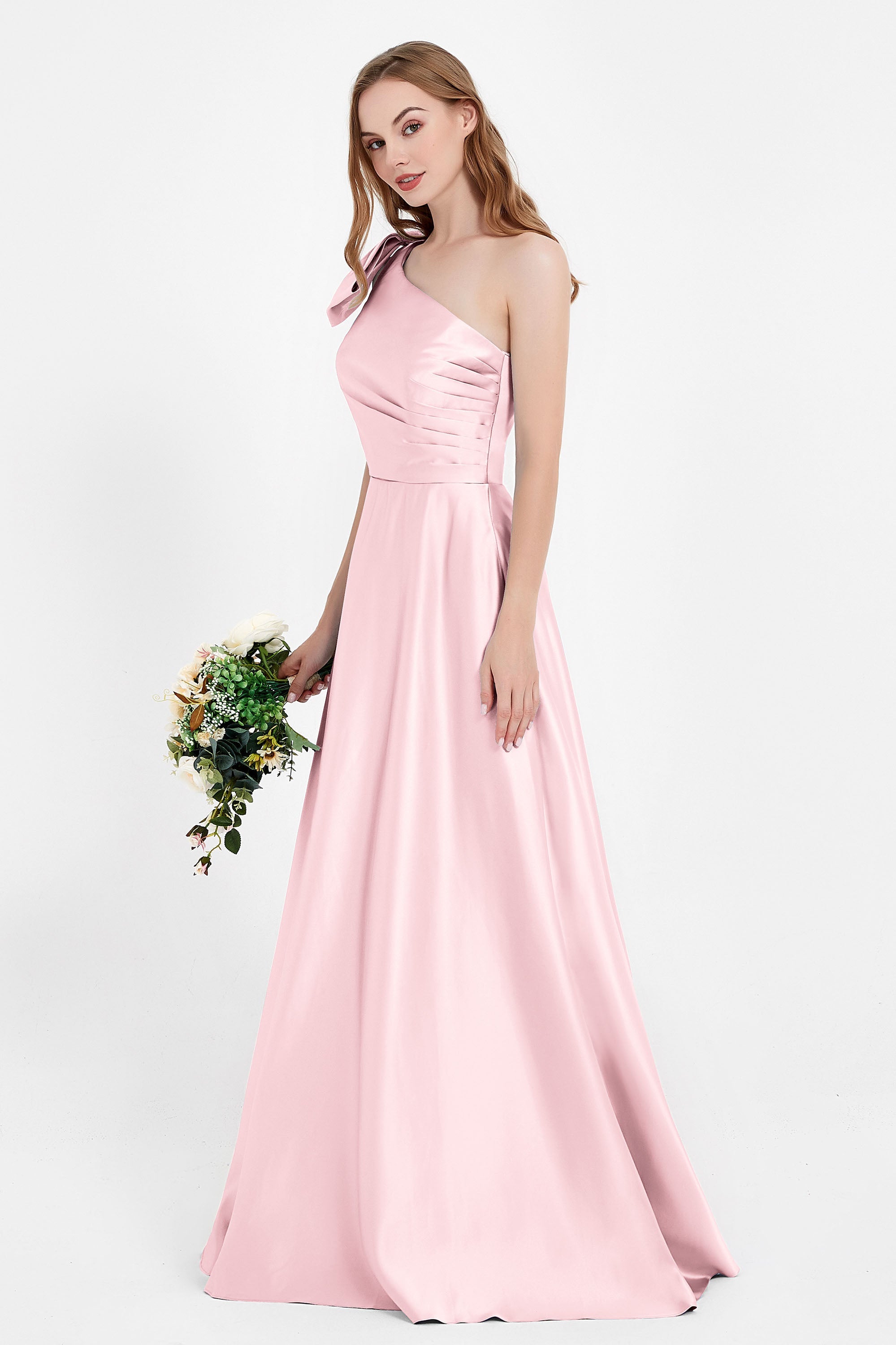One Shoulder Satin Pleated Bridesmaid Dress Long Bowknot Formal Evening Party Dresses Gowns