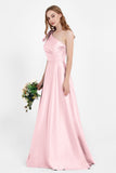 One Shoulder Satin Pleated Bridesmaid Dress Long Bowknot Formal Evening Party Dresses Gowns