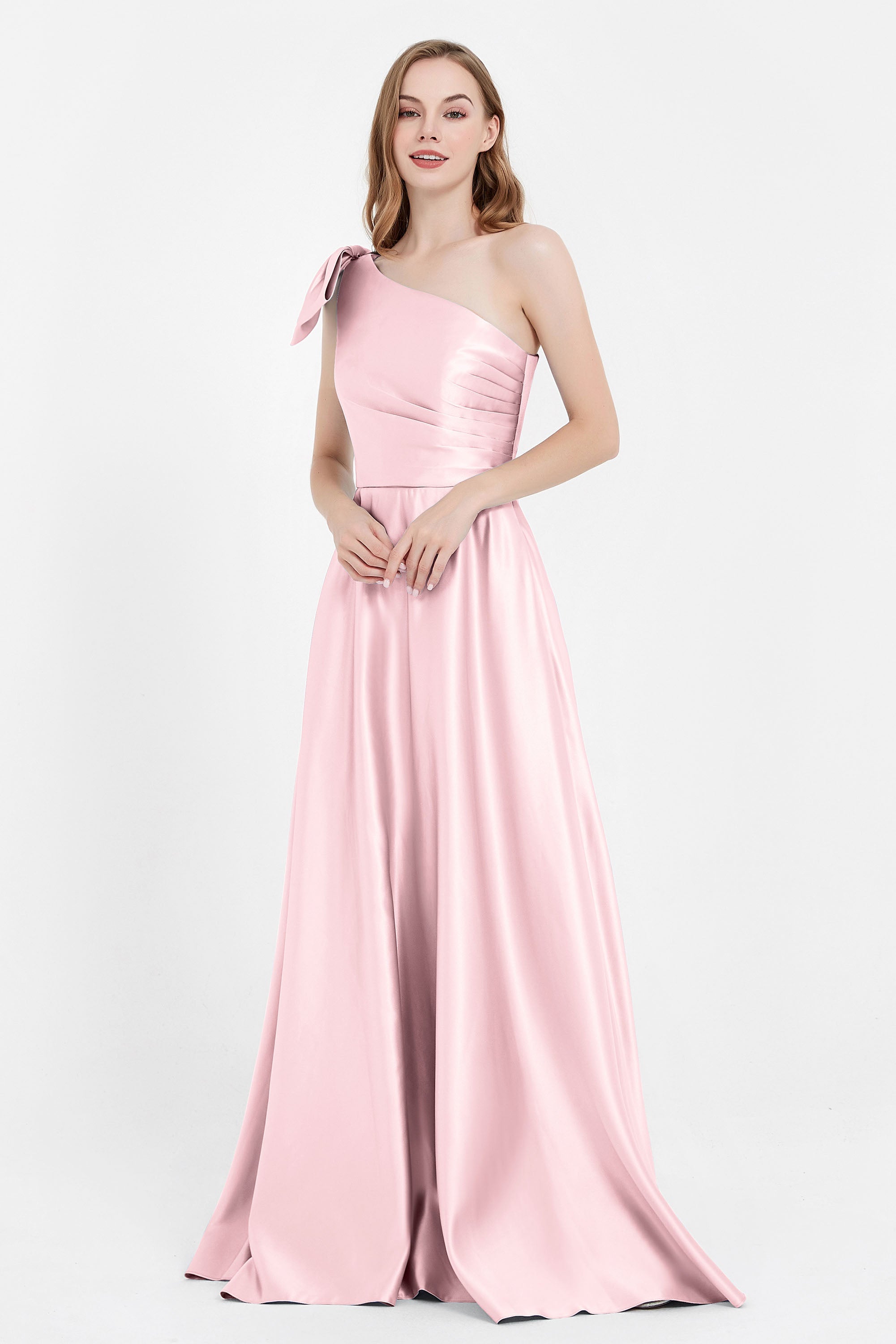 One Shoulder Satin Pleated Bridesmaid Dress Long Bowknot Formal Evening Party Dresses Gowns