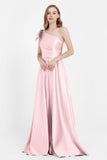 One Shoulder Satin Pleated Bridesmaid Dress Long Bowknot Formal Evening Party Dresses Gowns