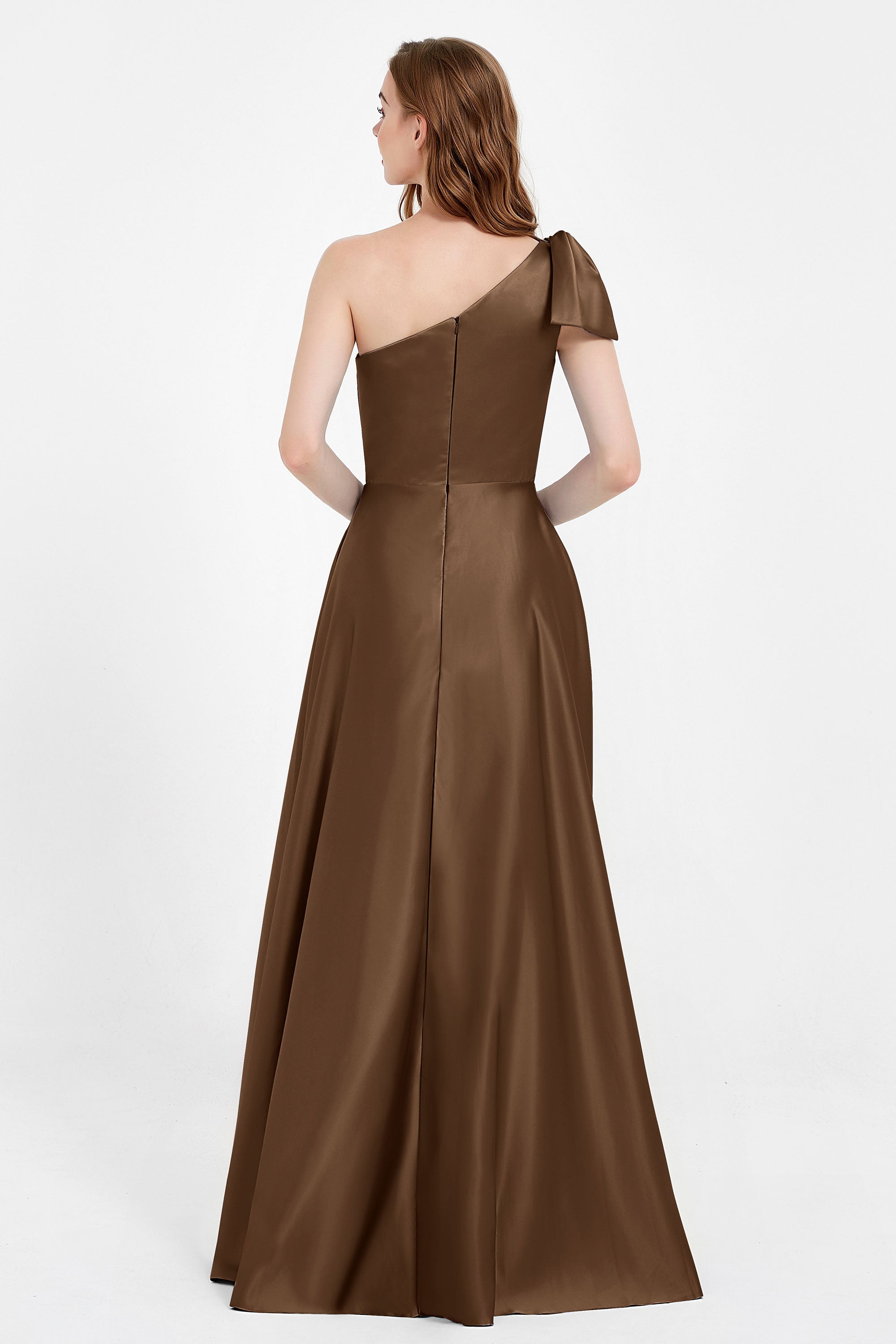 One Shoulder Satin Pleated Bridesmaid Dress Long Bowknot Formal Evening Party Dresses Gowns