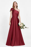 One Shoulder Satin Pleated Bridesmaid Dress Long Bowknot Formal Evening Party Dresses Gowns