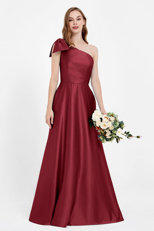 One Shoulder Satin Pleated Bridesmaid Dress Long Bowknot Formal Evening Party Dresses Gowns