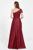 One Shoulder Satin Pleated Bridesmaid Dress Long Bowknot Formal Evening Party Dresses Gowns