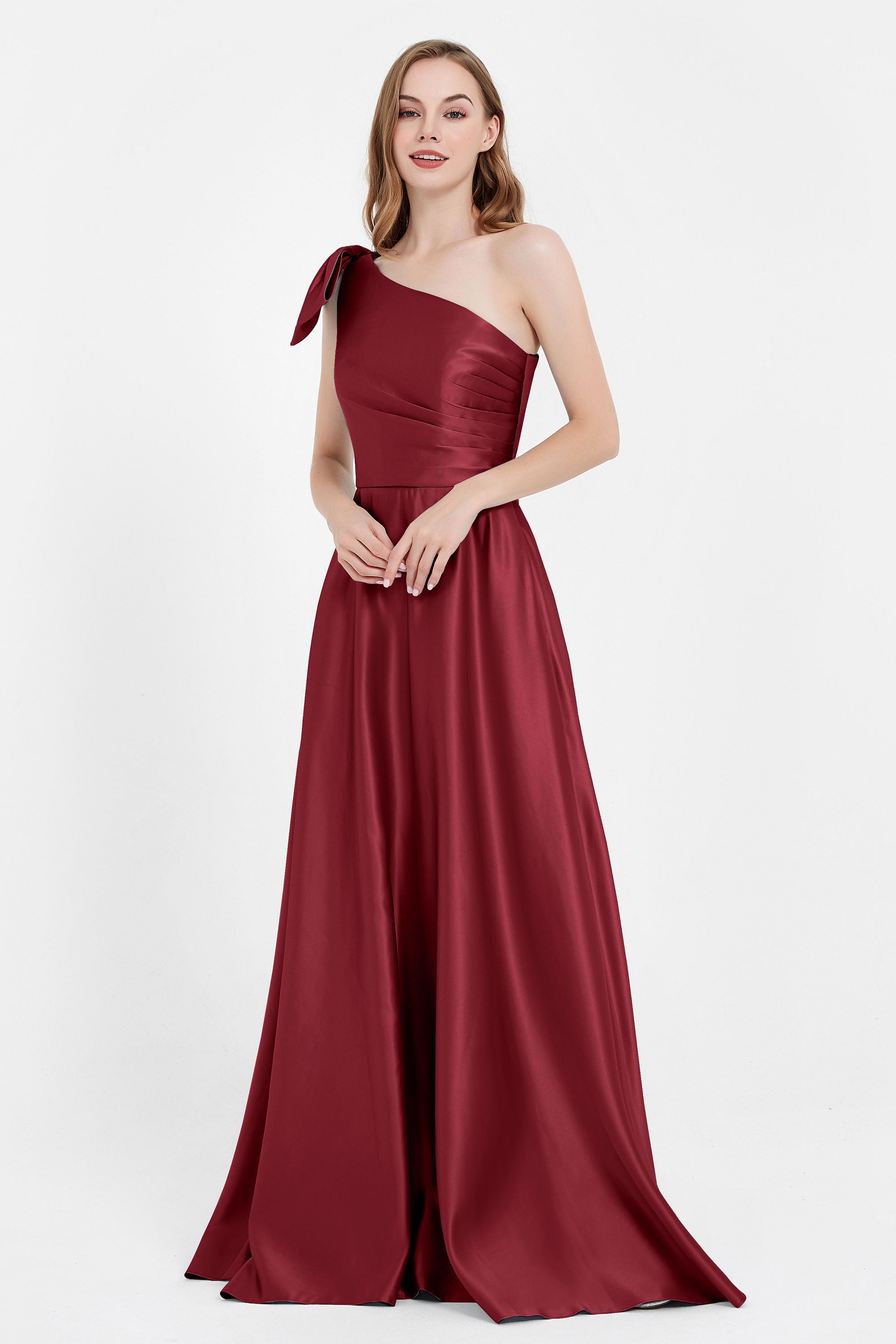 One Shoulder Satin Pleated Bridesmaid Dress Long Bowknot Formal Evening Party Dresses Gowns