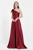 One Shoulder Satin Pleated Bridesmaid Dress Long Bowknot Formal Evening Party Dresses Gowns