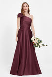 One Shoulder Satin Pleated Bridesmaid Dress Long Bowknot Formal Evening Party Dresses Gowns