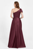 One Shoulder Satin Pleated Bridesmaid Dress Long Bowknot Formal Evening Party Dresses Gowns