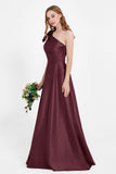 One Shoulder Satin Pleated Bridesmaid Dress Long Bowknot Formal Evening Party Dresses Gowns