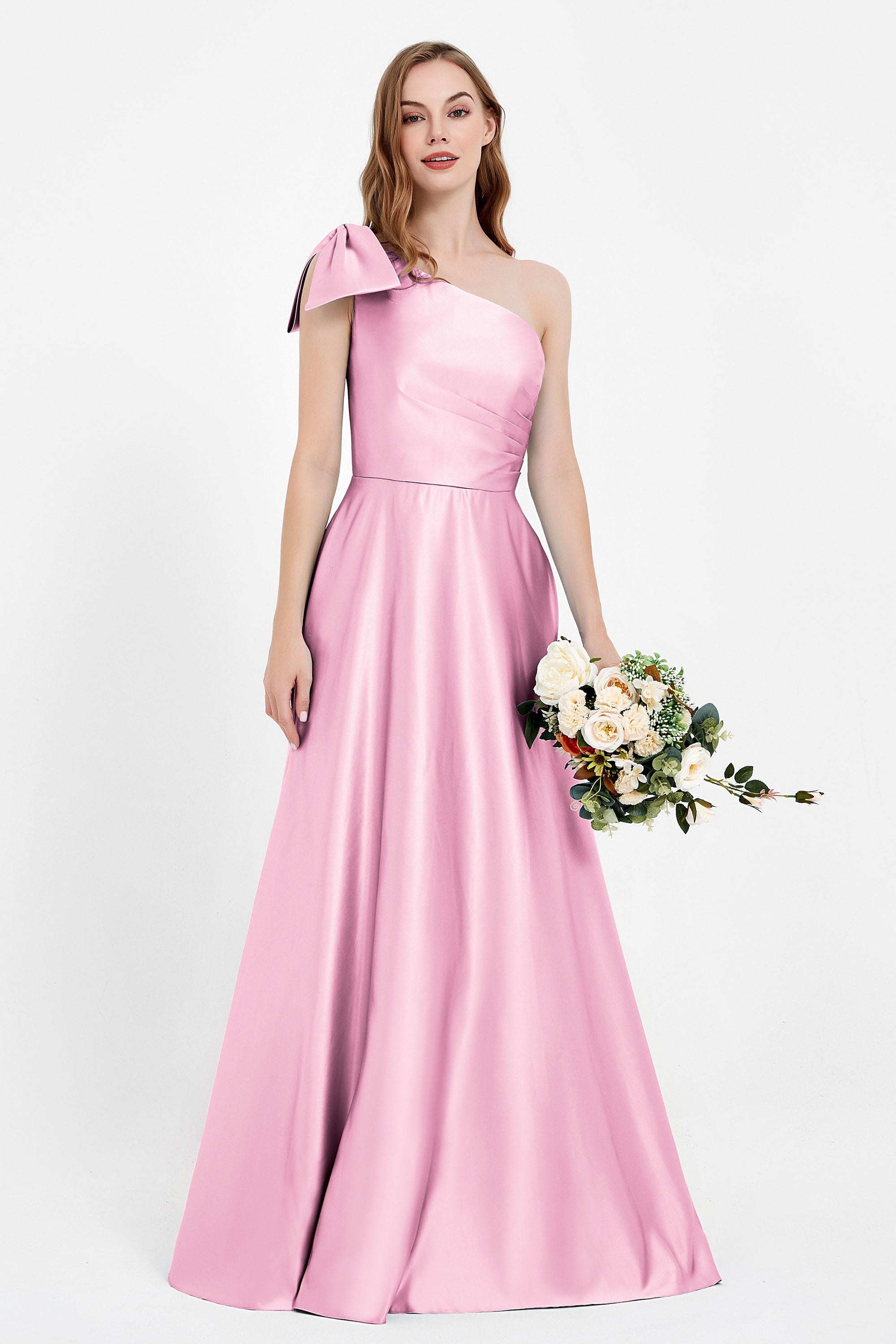 One Shoulder Satin Pleated Bridesmaid Dress Long Bowknot Formal Evening Party Dresses Gowns