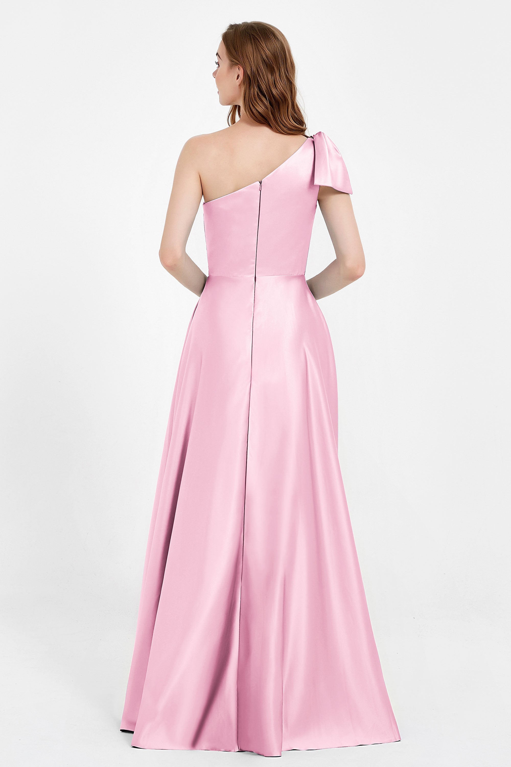 One Shoulder Satin Pleated Bridesmaid Dress Long Bowknot Formal Evening Party Dresses Gowns