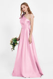 One Shoulder Satin Pleated Bridesmaid Dress Long Bowknot Formal Evening Party Dresses Gowns
