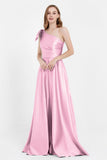 One Shoulder Satin Pleated Bridesmaid Dress Long Bowknot Formal Evening Party Dresses Gowns