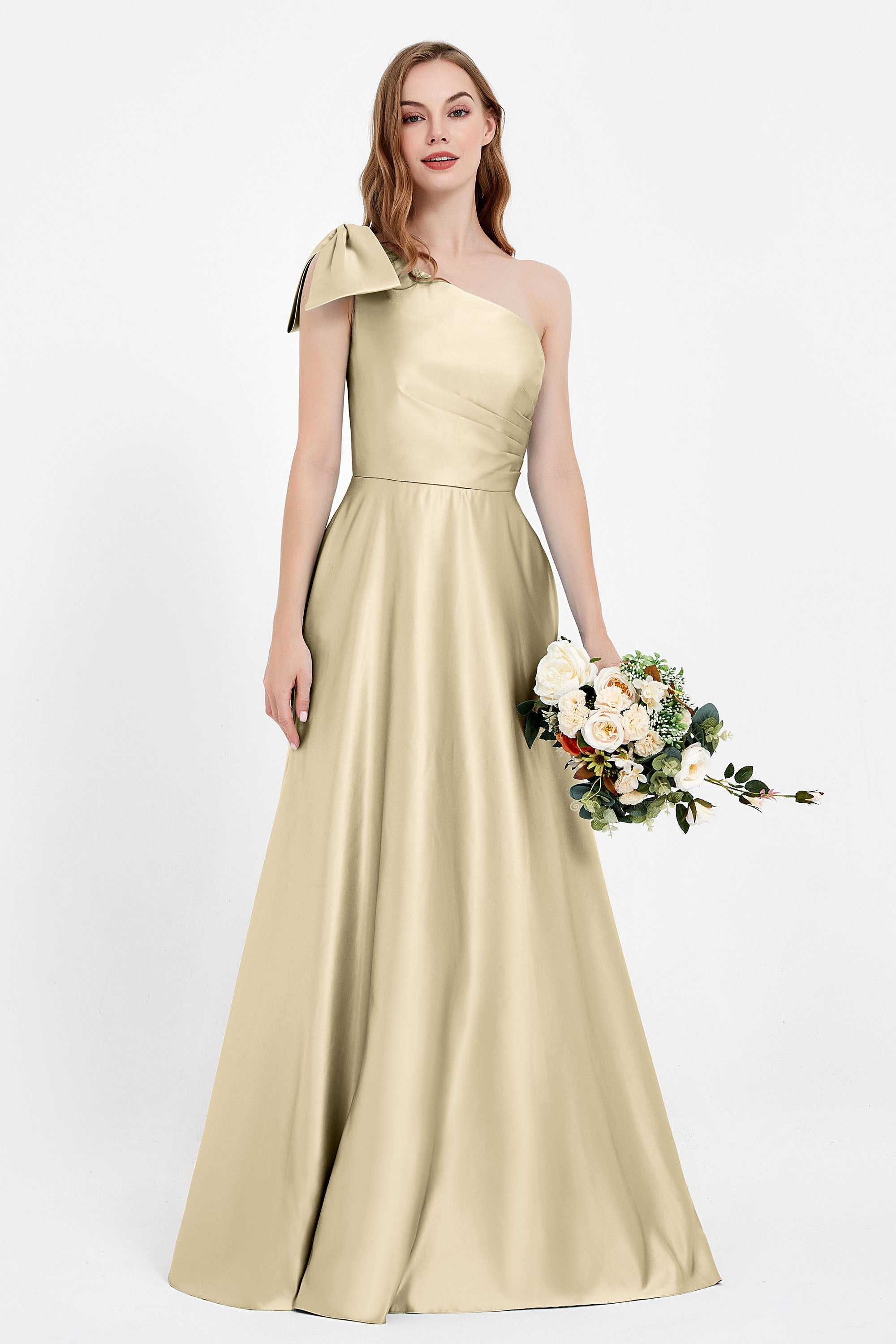 One Shoulder Satin Pleated Bridesmaid Dress Long Bowknot Formal Evening Party Dresses Gowns