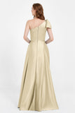 One Shoulder Satin Pleated Bridesmaid Dress Long Bowknot Formal Evening Party Dresses Gowns