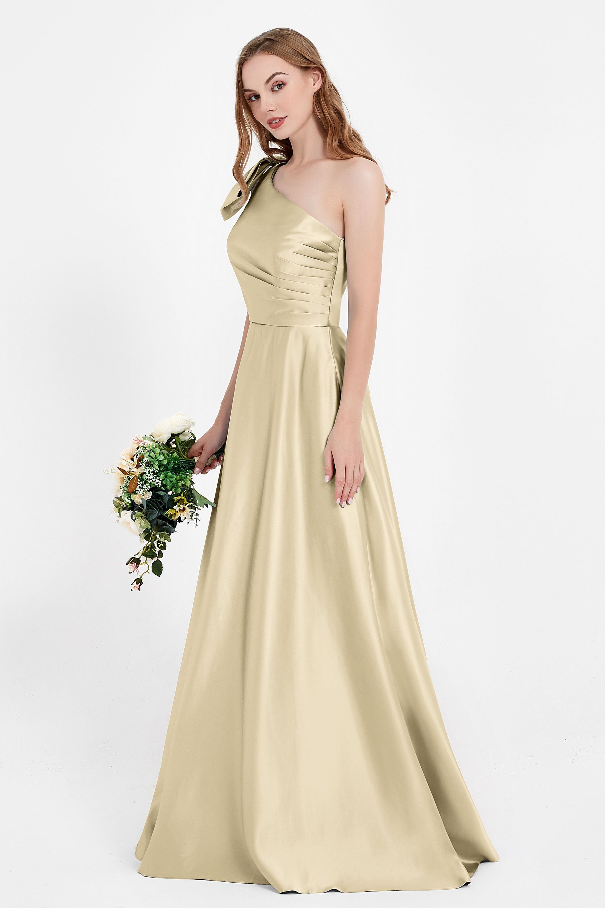 One Shoulder Satin Pleated Bridesmaid Dress Long Bowknot Formal Evening Party Dresses Gowns