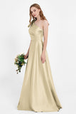 One Shoulder Satin Pleated Bridesmaid Dress Long Bowknot Formal Evening Party Dresses Gowns