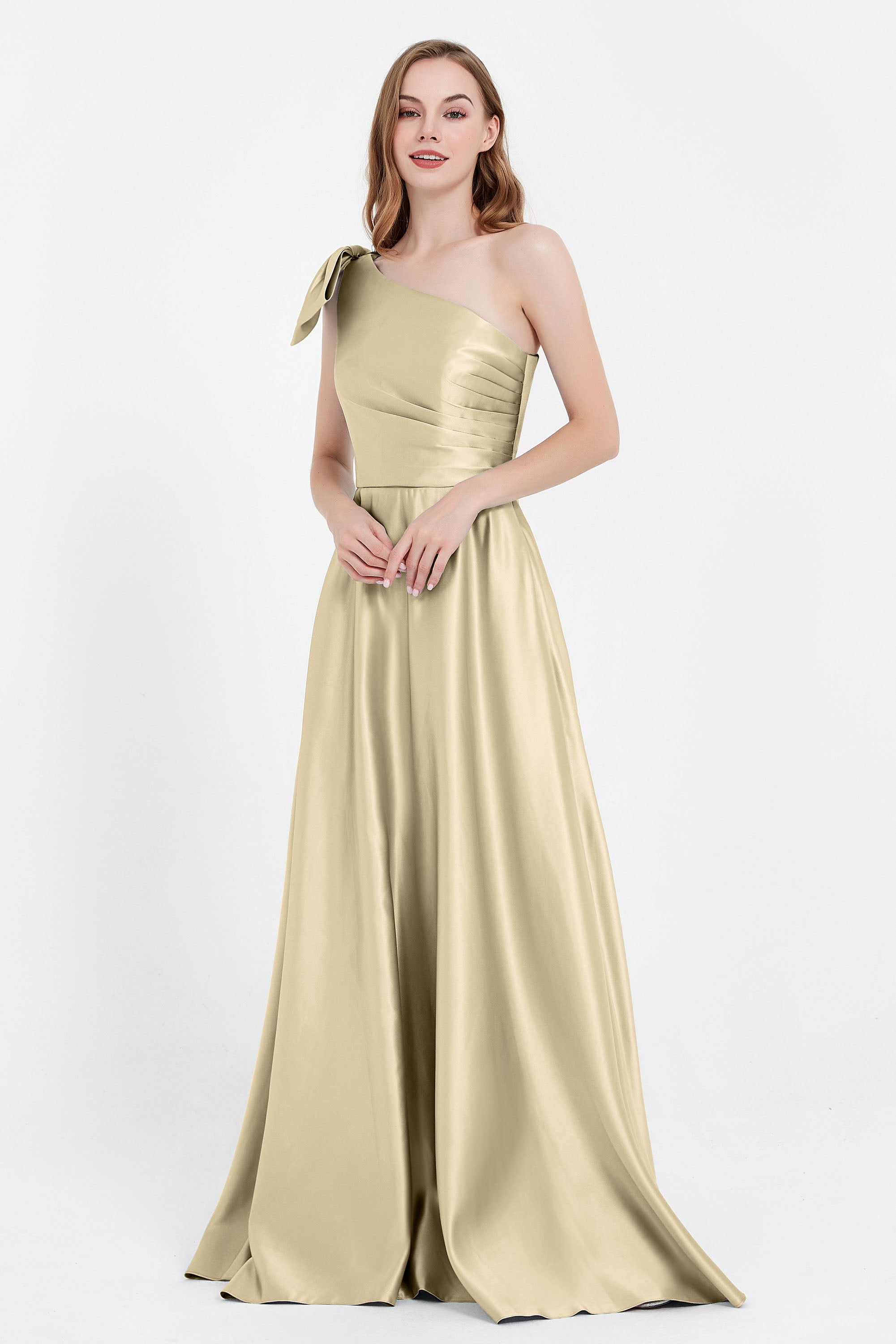 One Shoulder Satin Pleated Bridesmaid Dress Long Bowknot Formal Evening Party Dresses Gowns