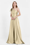 One Shoulder Satin Pleated Bridesmaid Dress Long Bowknot Formal Evening Party Dresses Gowns