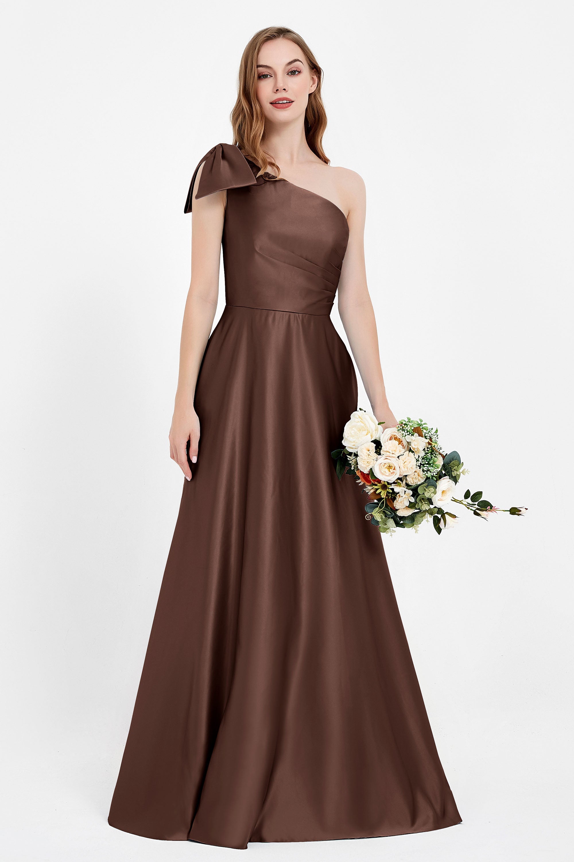 One Shoulder Satin Pleated Bridesmaid Dress Long Bowknot Formal Evening Party Dresses Gowns