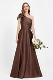 One Shoulder Satin Pleated Bridesmaid Dress Long Bowknot Formal Evening Party Dresses Gowns