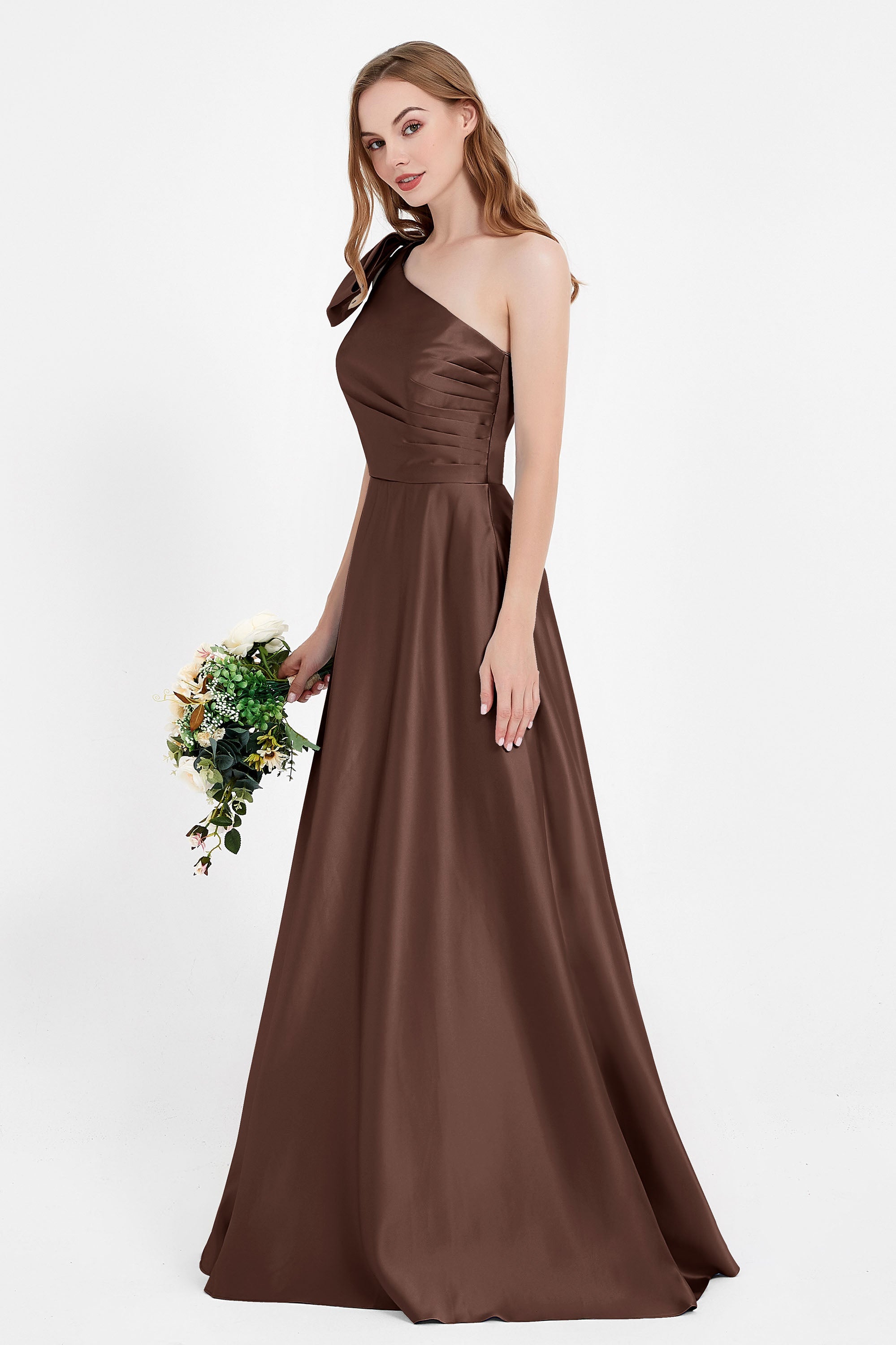 One Shoulder Satin Pleated Bridesmaid Dress Long Bowknot Formal Evening Party Dresses Gowns