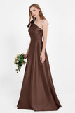 One Shoulder Satin Pleated Bridesmaid Dress Long Bowknot Formal Evening Party Dresses Gowns