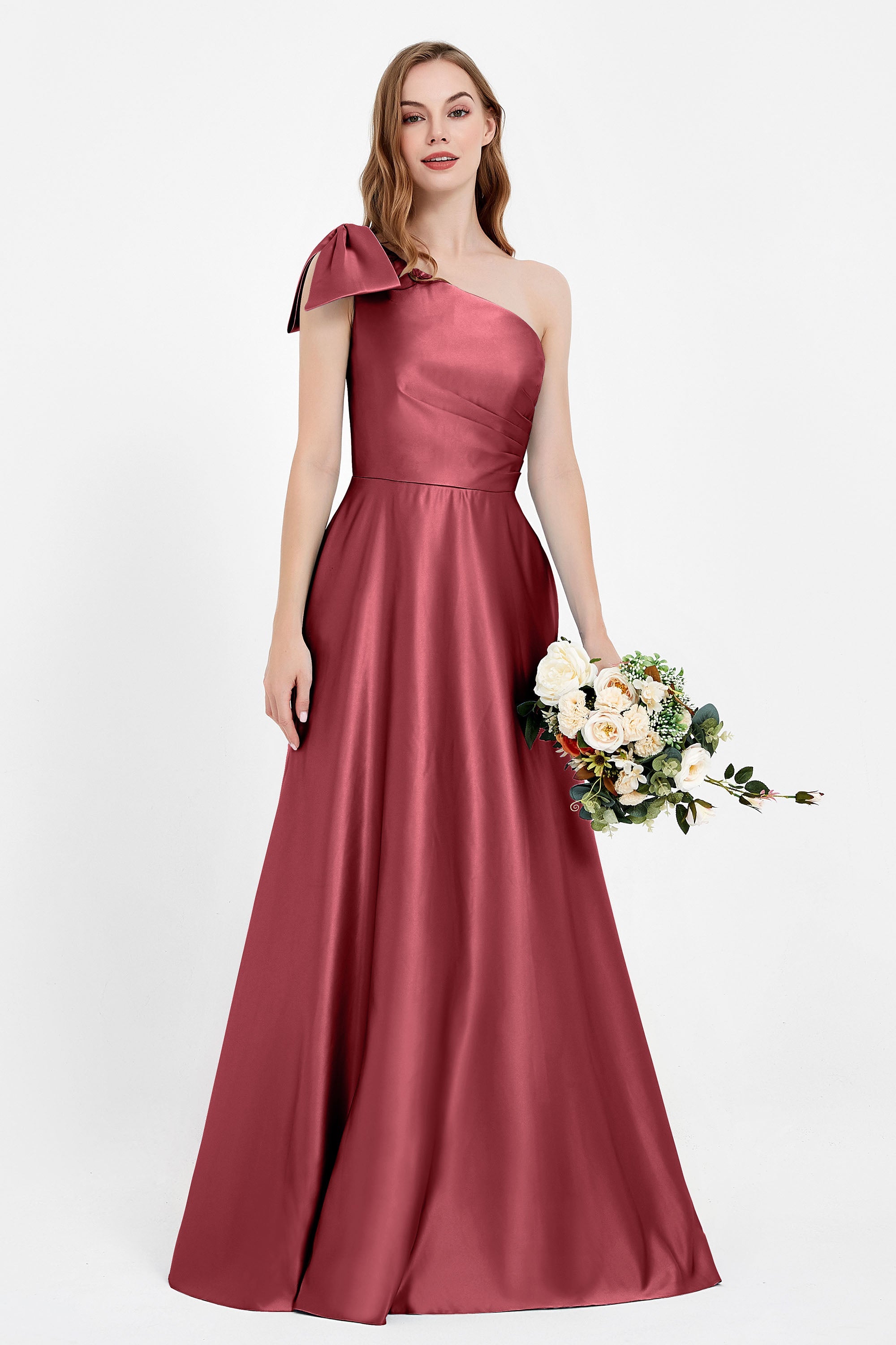 One Shoulder Satin Pleated Bridesmaid Dress Long Bowknot Formal Evening Party Dresses Gowns