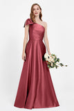 One Shoulder Satin Pleated Bridesmaid Dress Long Bowknot Formal Evening Party Dresses Gowns