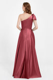 One Shoulder Satin Pleated Bridesmaid Dress Long Bowknot Formal Evening Party Dresses Gowns