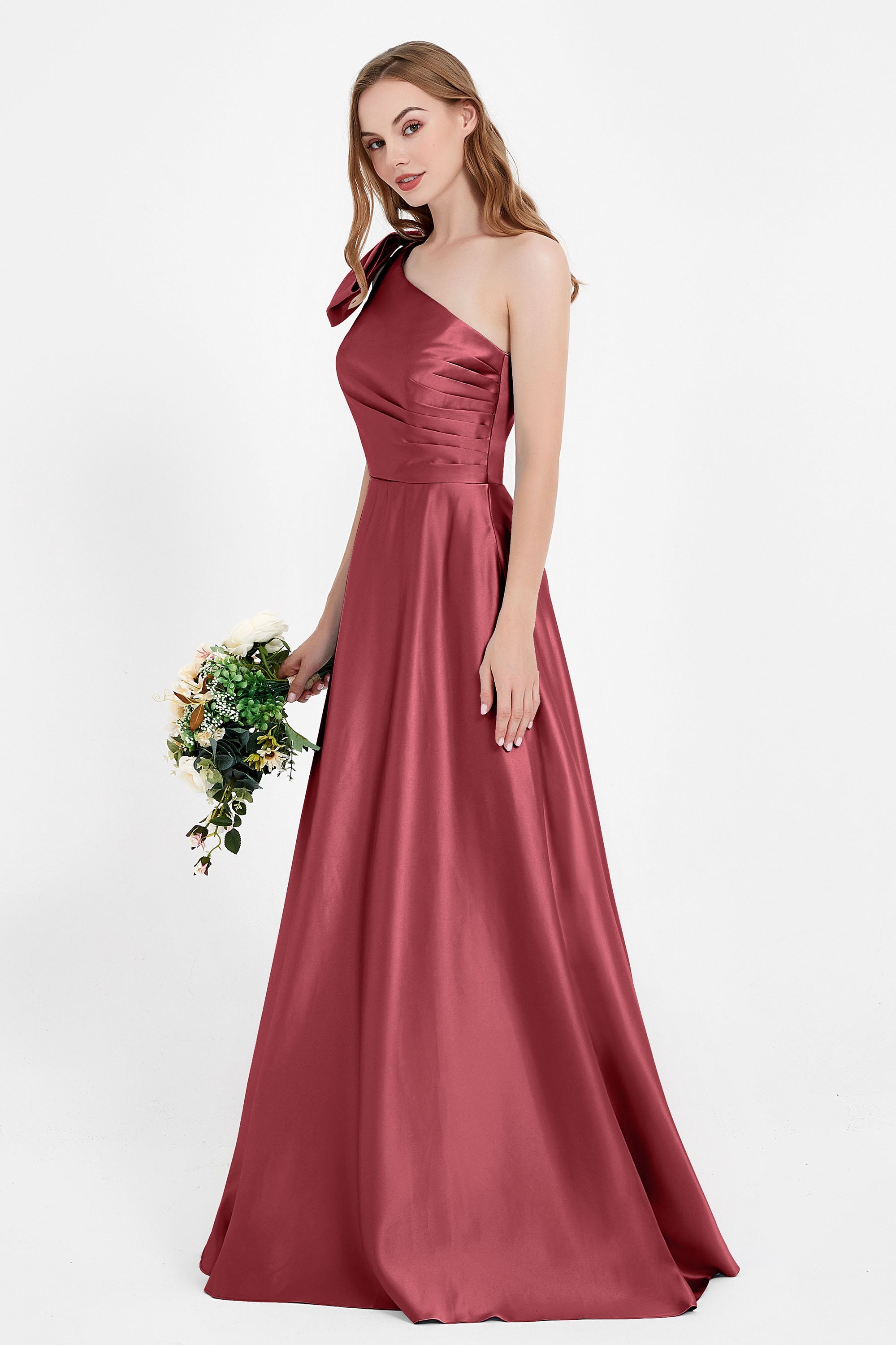 One Shoulder Satin Pleated Bridesmaid Dress Long Bowknot Formal Evening Party Dresses Gowns