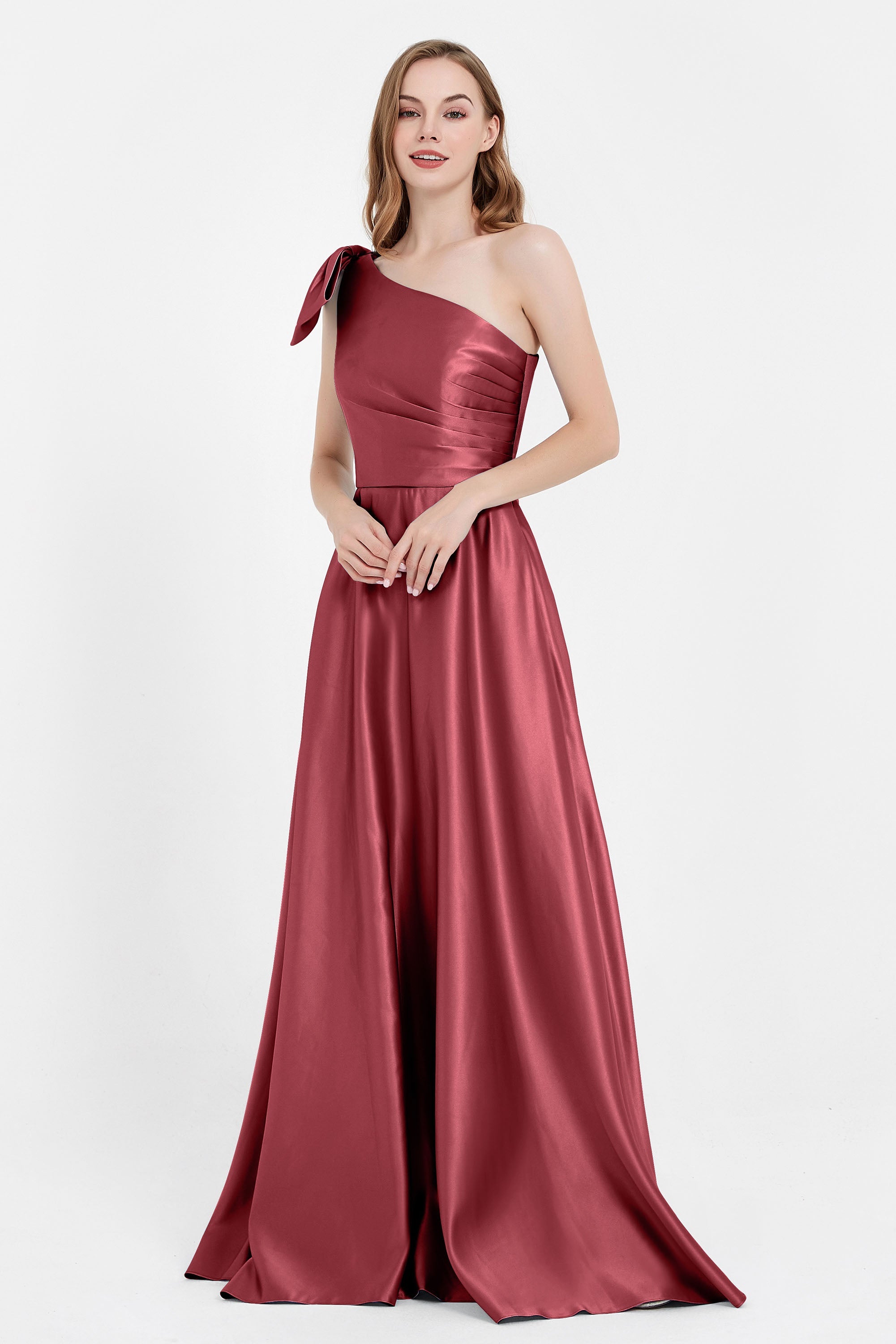 One Shoulder Satin Pleated Bridesmaid Dress Long Bowknot Formal Evening Party Dresses Gowns