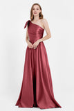One Shoulder Satin Pleated Bridesmaid Dress Long Bowknot Formal Evening Party Dresses Gowns