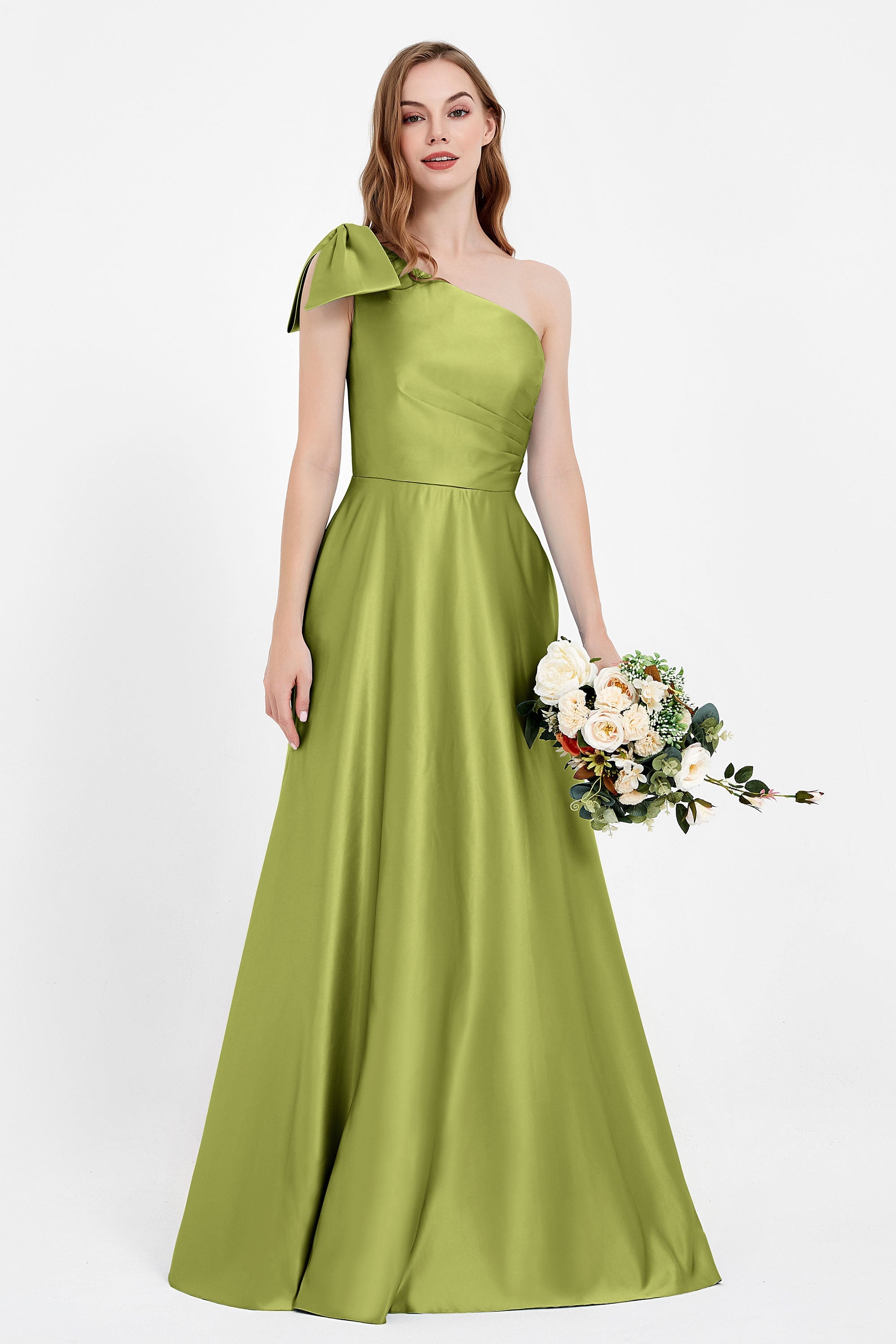 One Shoulder Satin Pleated Bridesmaid Dress Long Bowknot Formal Evening Party Dresses Gowns