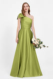 One Shoulder Satin Pleated Bridesmaid Dress Long Bowknot Formal Evening Party Dresses Gowns