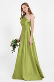 One Shoulder Satin Pleated Bridesmaid Dress Long Bowknot Formal Evening Party Dresses Gowns