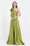 One Shoulder Satin Pleated Bridesmaid Dress Long Bowknot Formal Evening Party Dresses Gowns