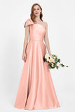 One Shoulder Satin Pleated Bridesmaid Dress Long Bowknot Formal Evening Party Dresses Gowns