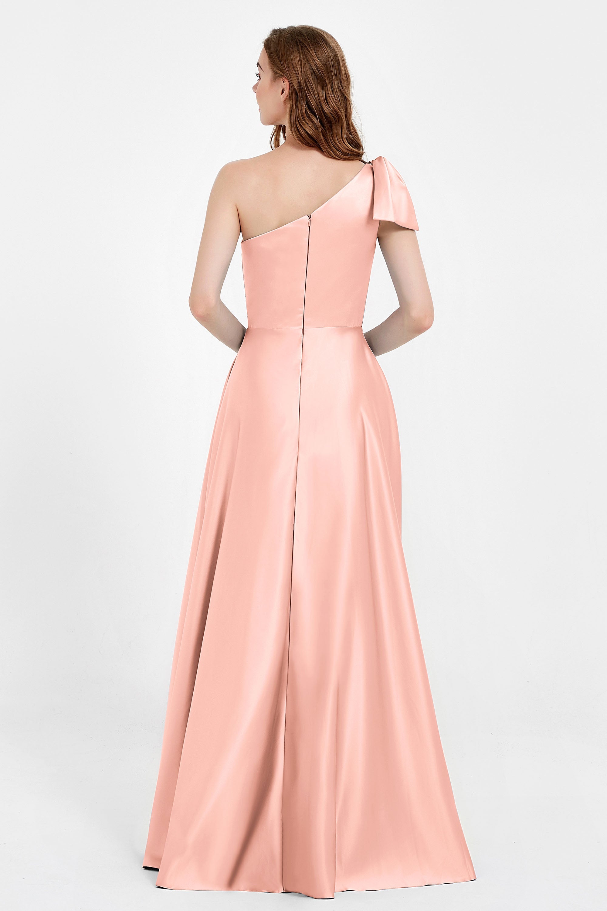 One Shoulder Satin Pleated Bridesmaid Dress Long Bowknot Formal Evening Party Dresses Gowns