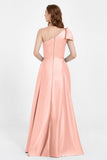 One Shoulder Satin Pleated Bridesmaid Dress Long Bowknot Formal Evening Party Dresses Gowns