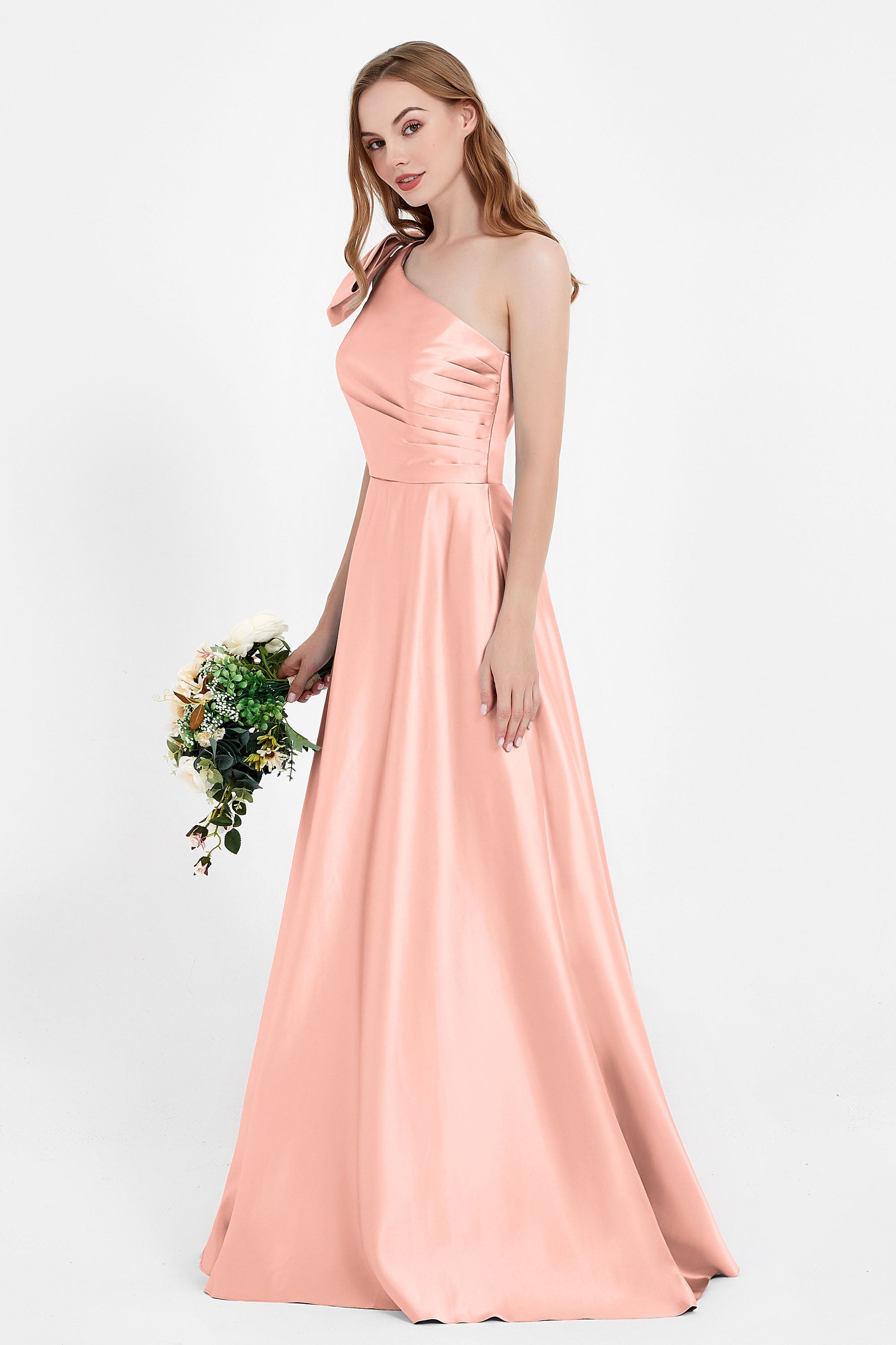 One Shoulder Satin Pleated Bridesmaid Dress Long Bowknot Formal Evening Party Dresses Gowns