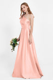 One Shoulder Satin Pleated Bridesmaid Dress Long Bowknot Formal Evening Party Dresses Gowns