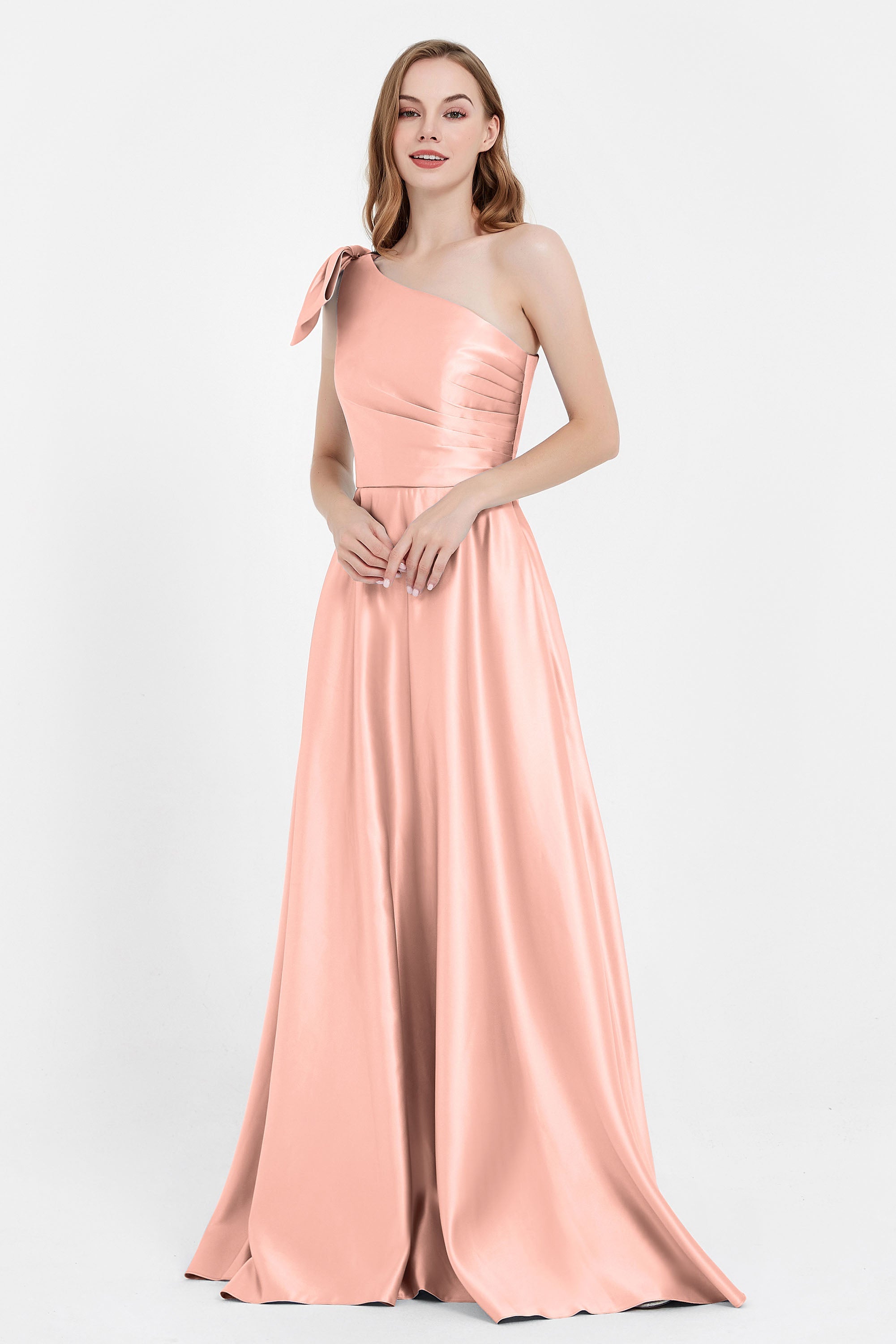 One Shoulder Satin Pleated Bridesmaid Dress Long Bowknot Formal Evening Party Dresses Gowns