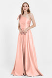 One Shoulder Satin Pleated Bridesmaid Dress Long Bowknot Formal Evening Party Dresses Gowns