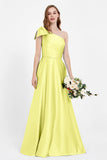 One Shoulder Satin Pleated Bridesmaid Dress Long Bowknot Formal Evening Party Dresses Gowns