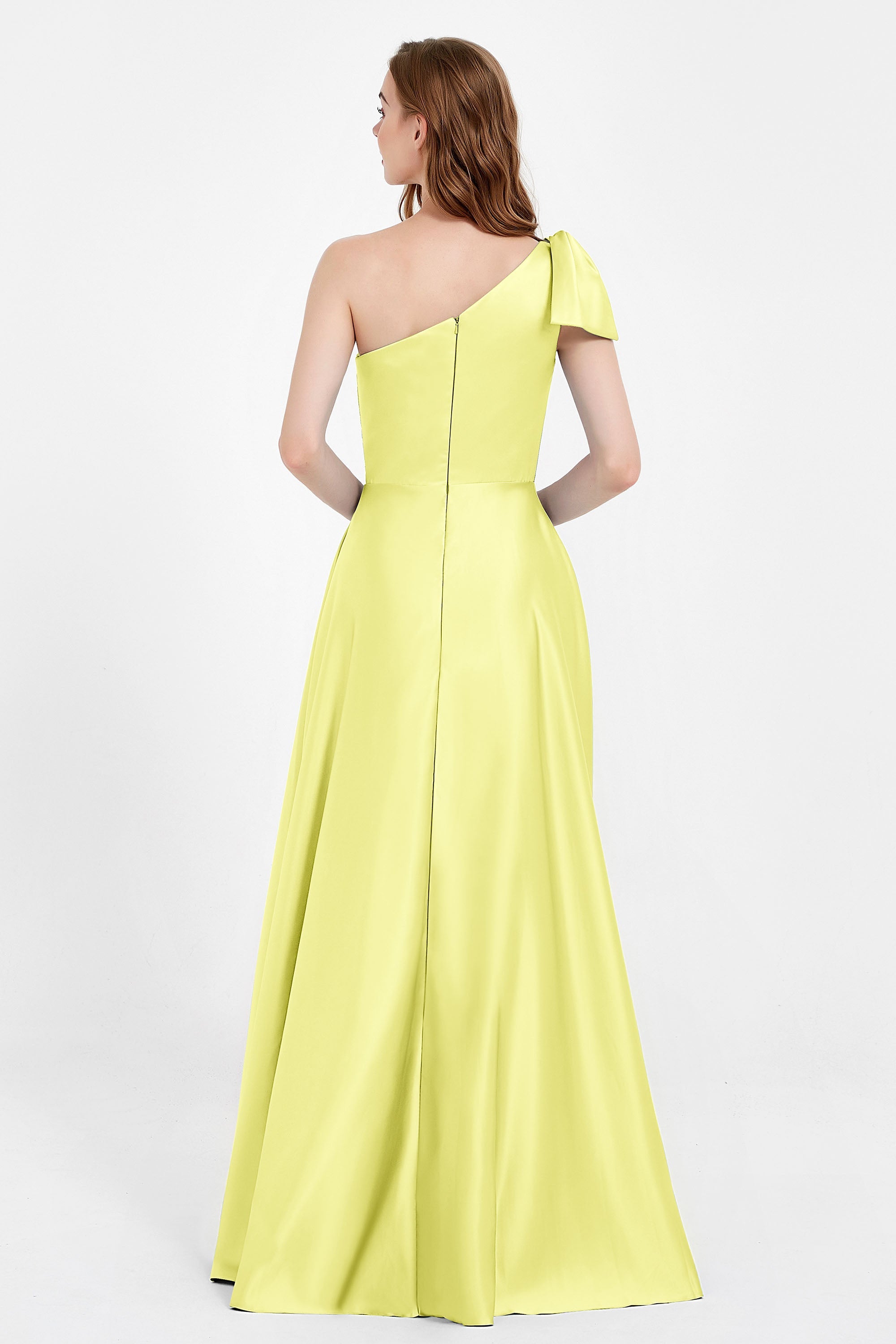 One Shoulder Satin Pleated Bridesmaid Dress Long Bowknot Formal Evening Party Dresses Gowns