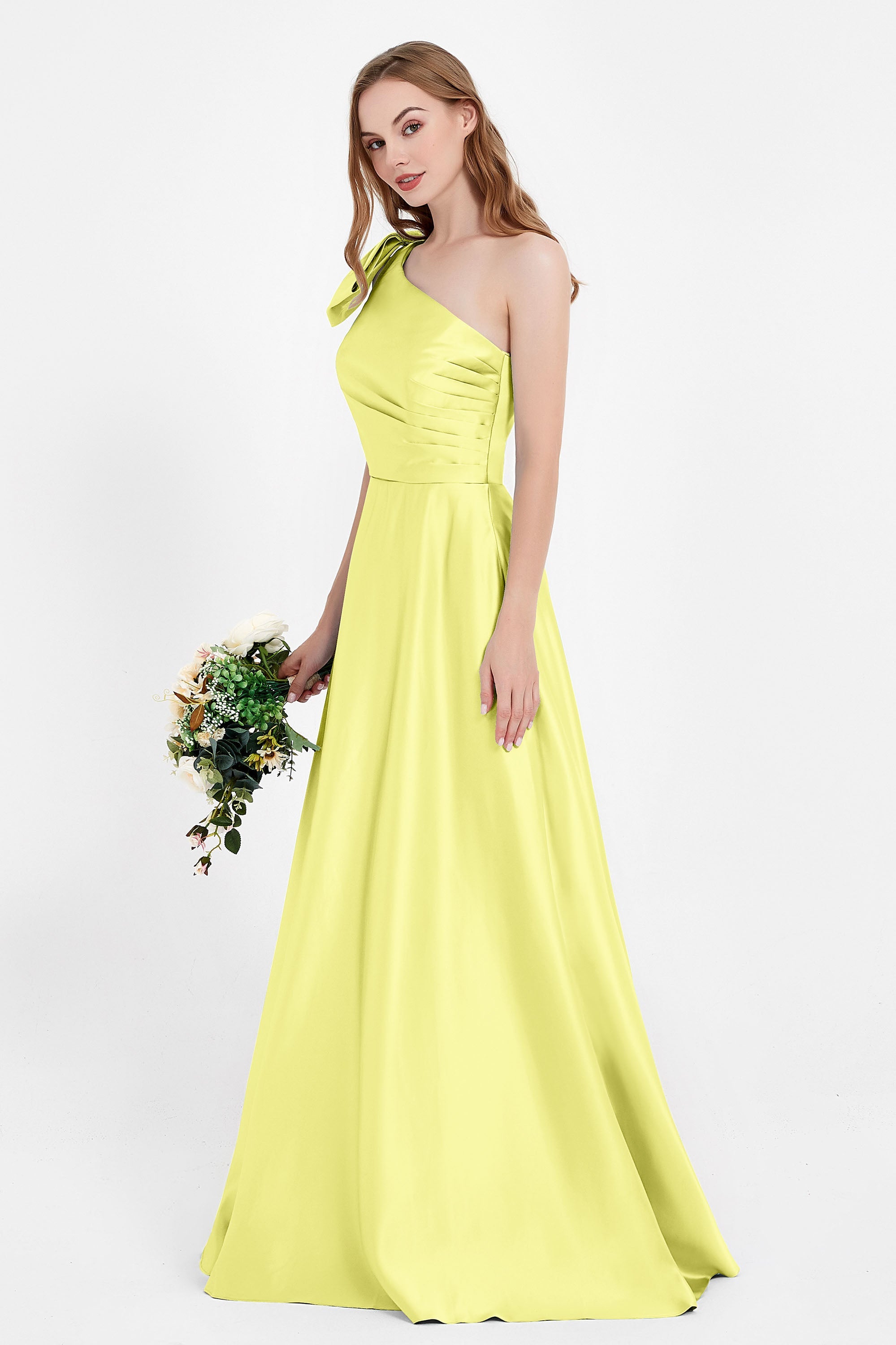 One Shoulder Satin Pleated Bridesmaid Dress Long Bowknot Formal Evening Party Dresses Gowns